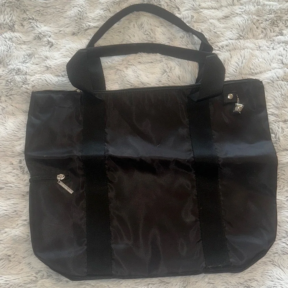 Bath & Body Works Black Nylon Tote Bag Zebra Print Lining Zip Top Shoulder Bag